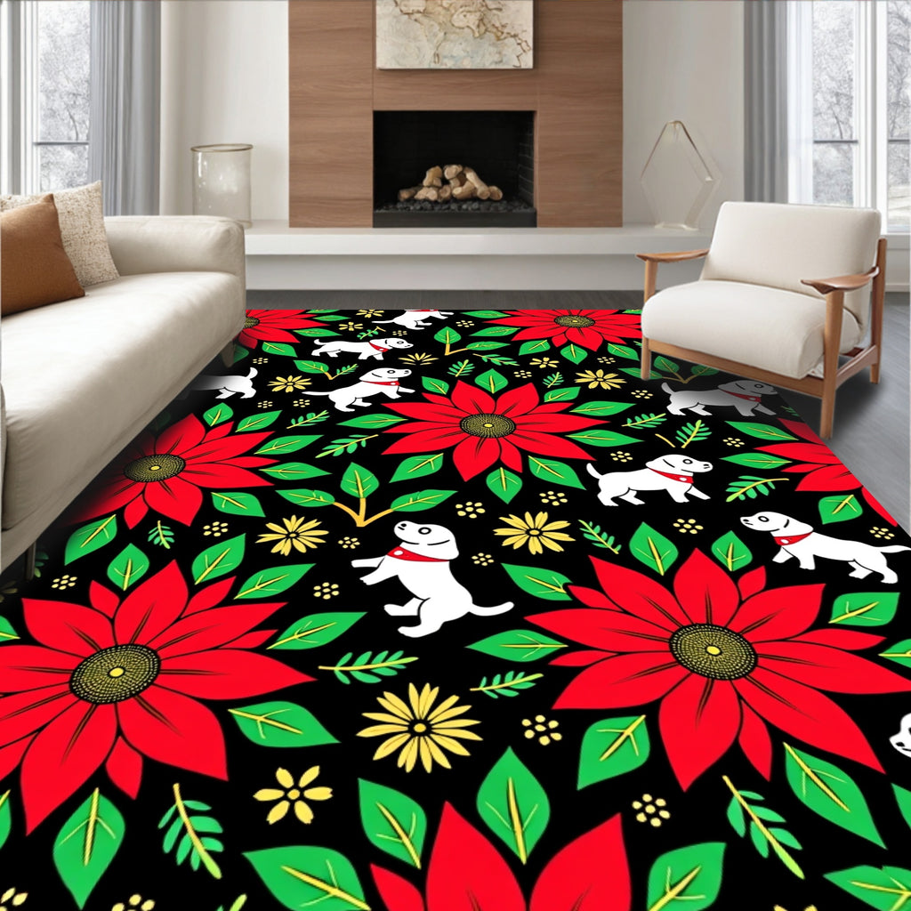 Christmas Poinsettia Puppy Pattern Rug