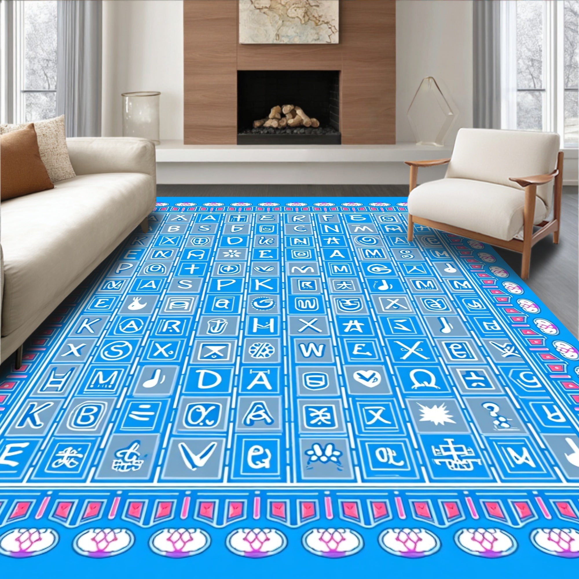 Alphabetical Grid With Pink Floral Border Rug