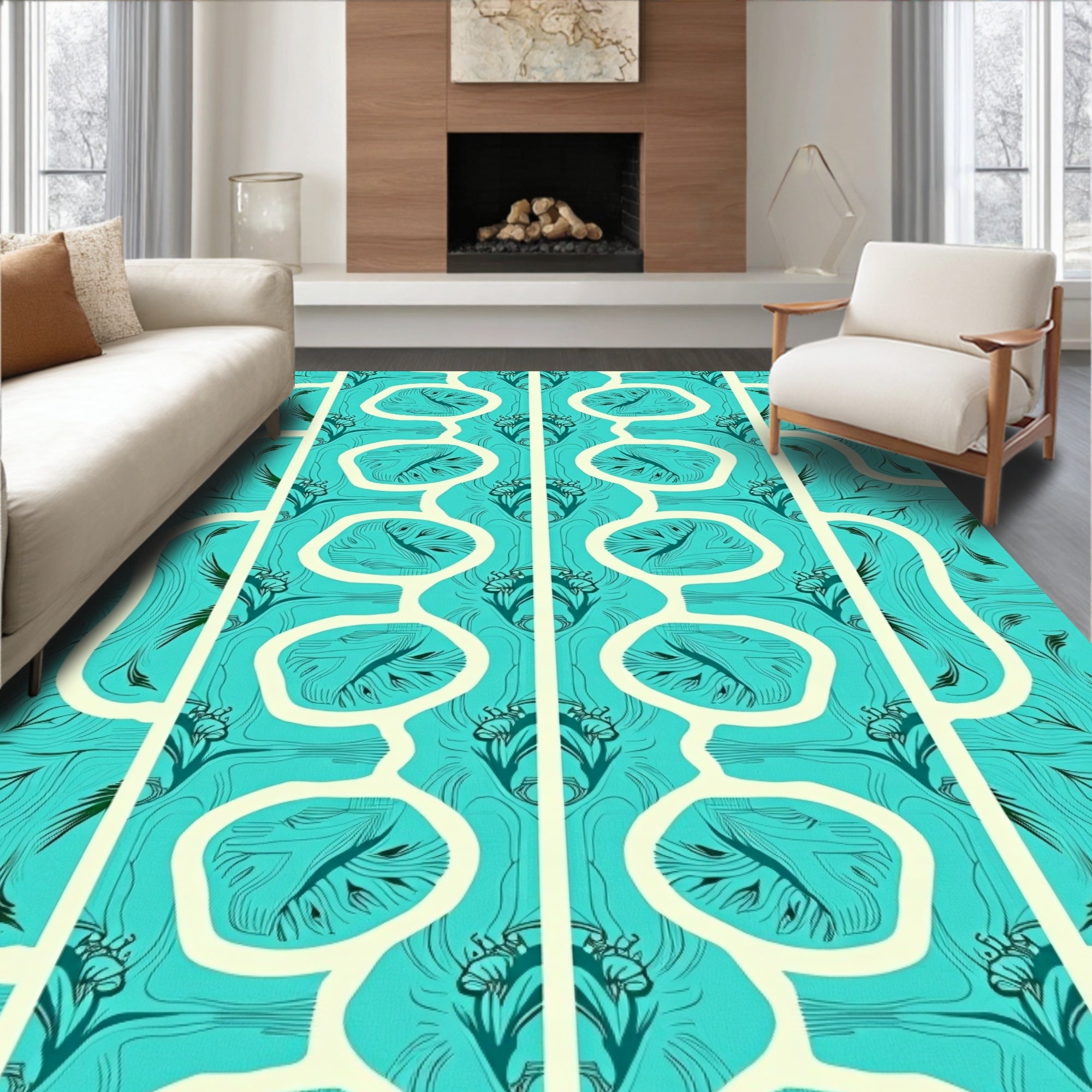 Teal And Cream Floral Art Nouveau Rug