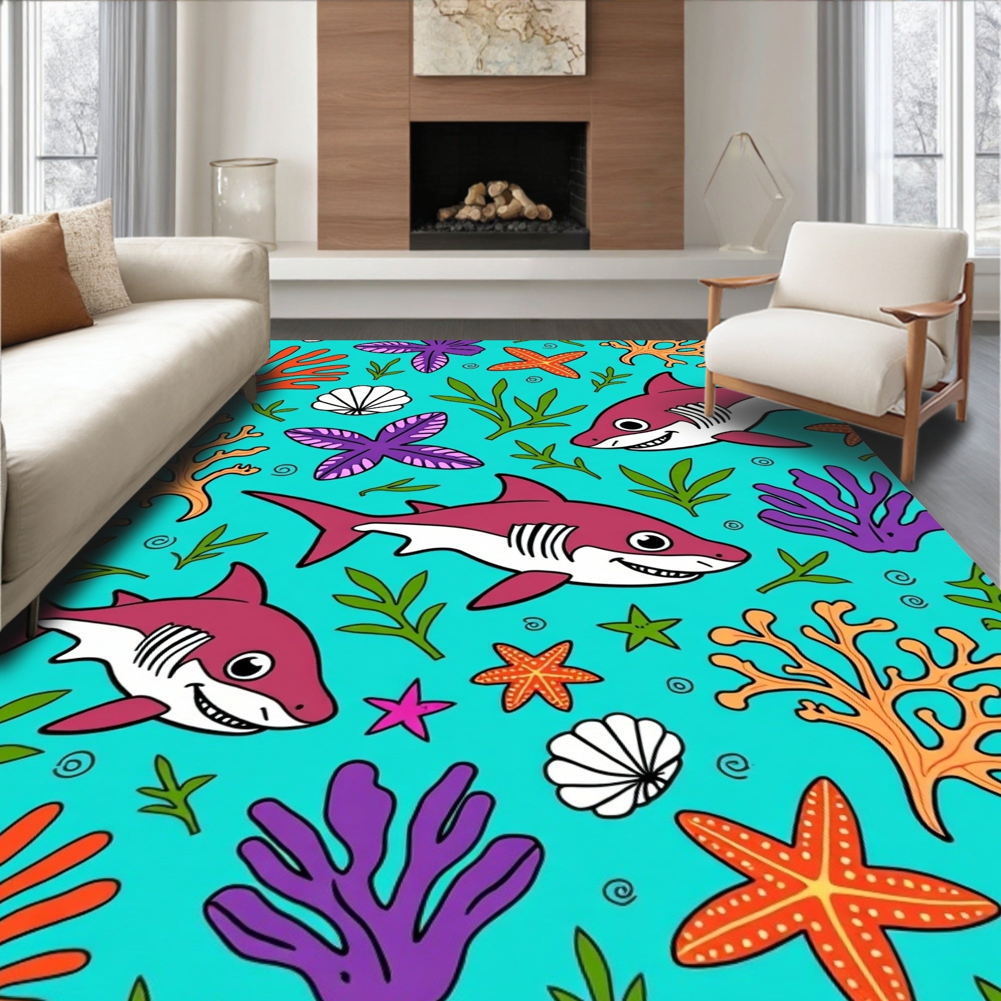 Happy Sharks Coral Reef Seabed Scene Rug