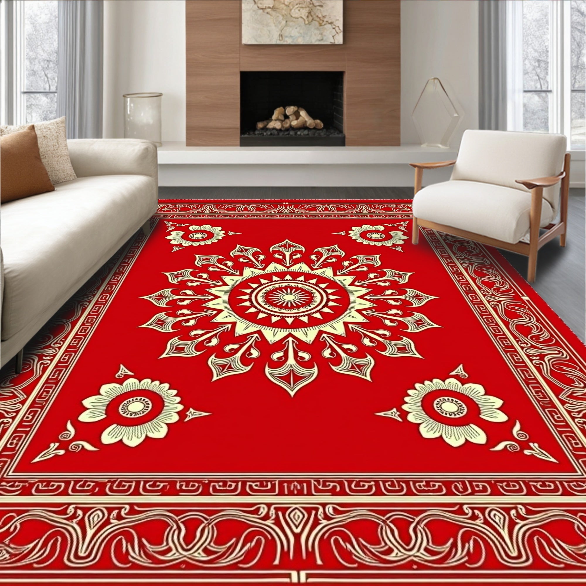 Red Golden Sun Floral Medallion Rug