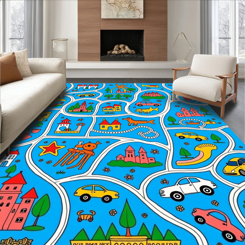 Whimsical Blue Town Scene Cars Castles Rug