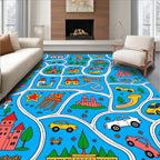 Whimsical Blue Town Scene Cars Castles Rug