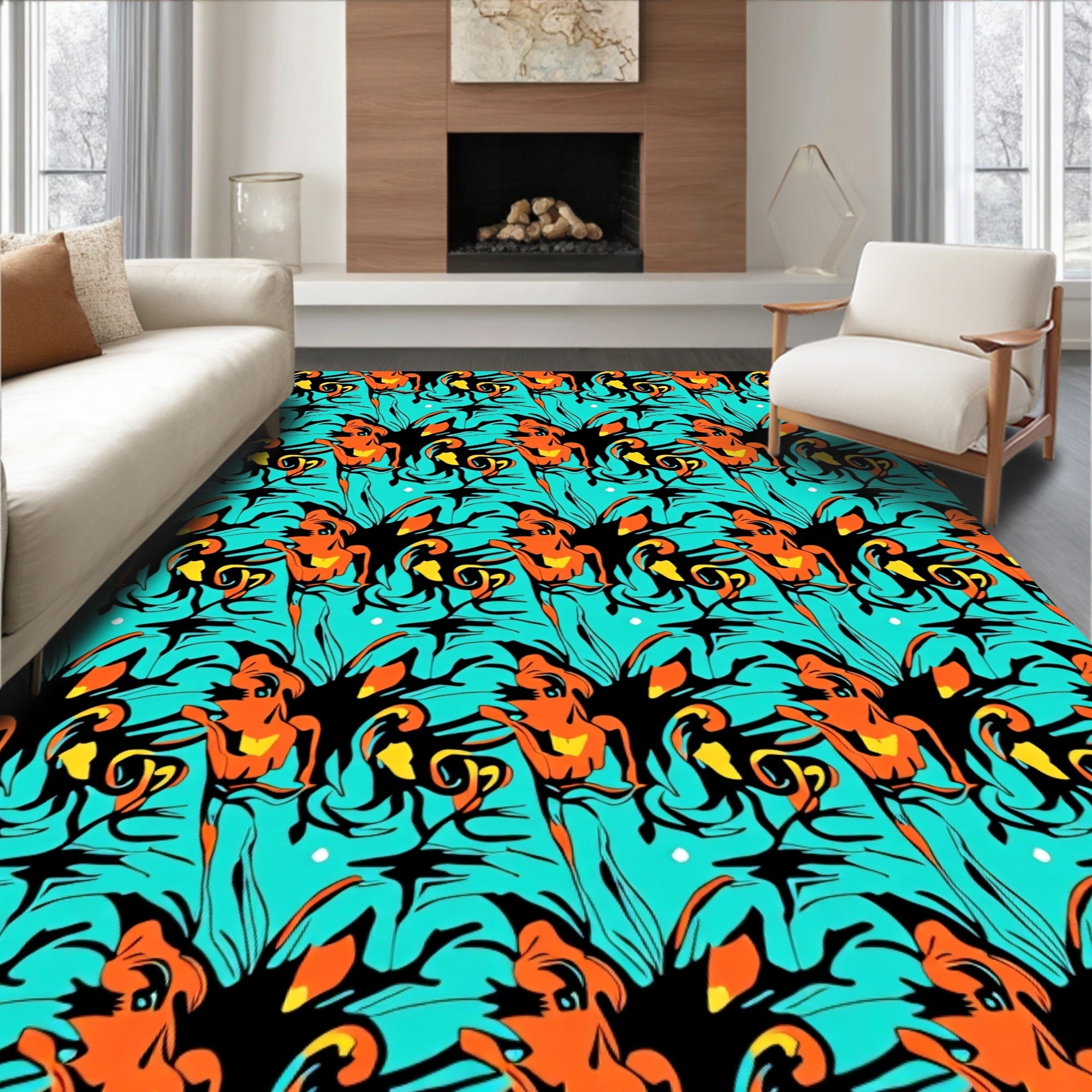 Bold Orange Black Abstract Swirl Rug