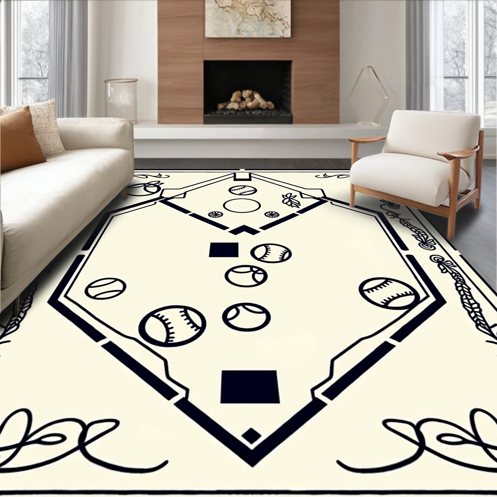 Vintage Baseball Diamond Outline Border Rug