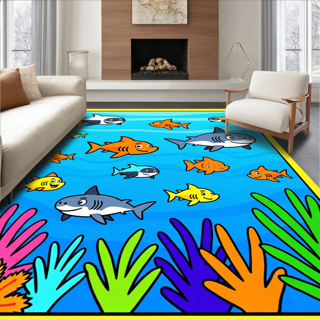 Whimsical Ocean Shark Aquatic Flora Fun Rug