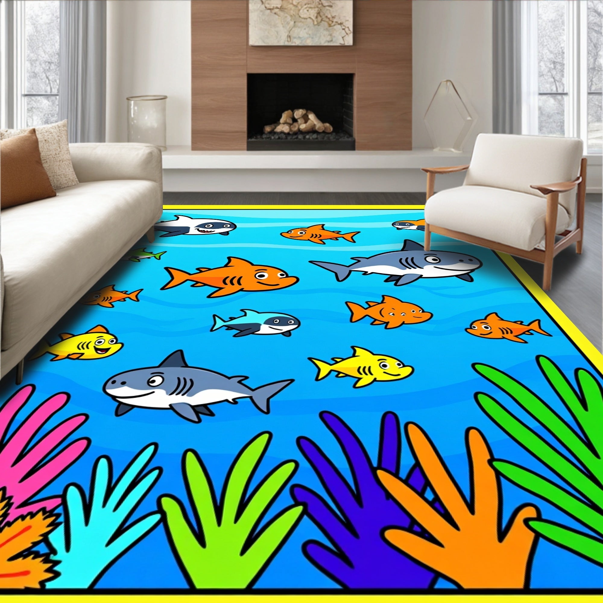 Whimsical Ocean Shark Aquatic Flora Fun Rug