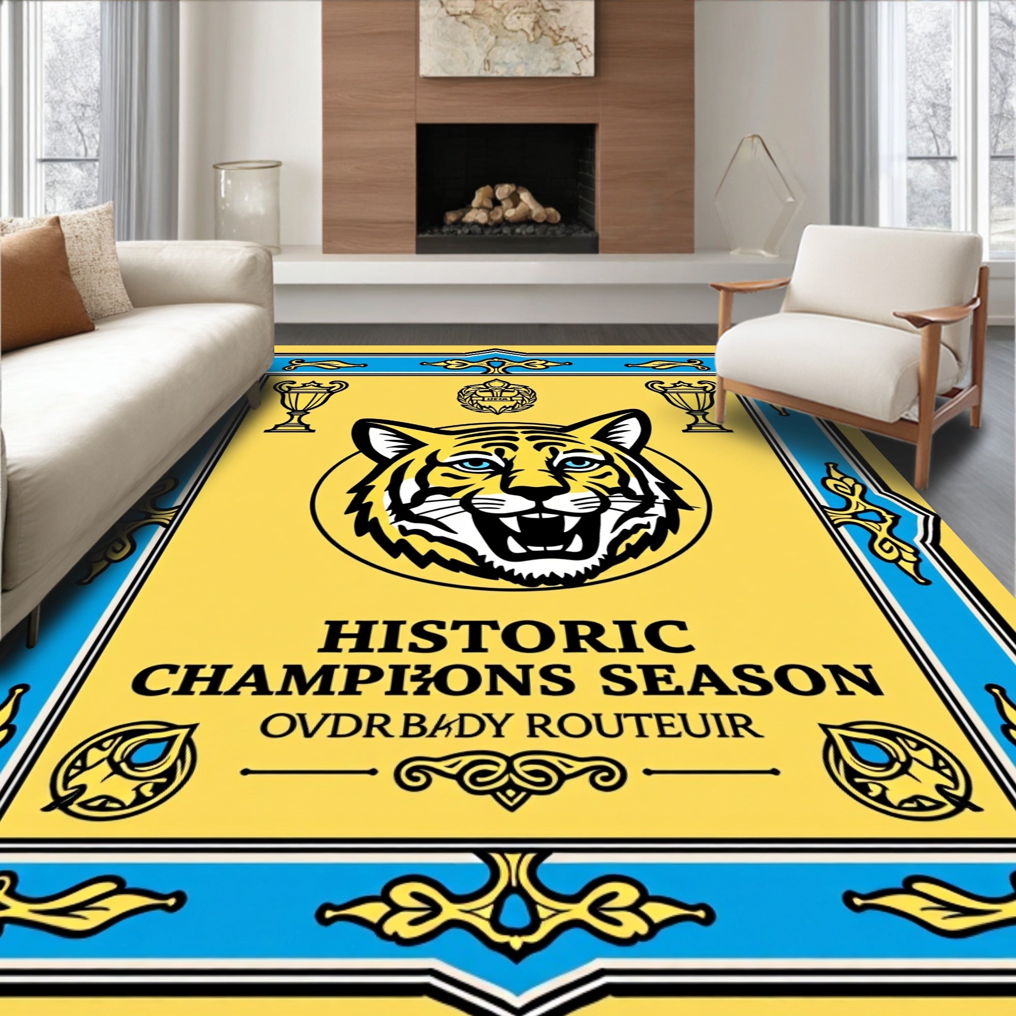 Bold Yellow Tiger Trophy Emblem Rug