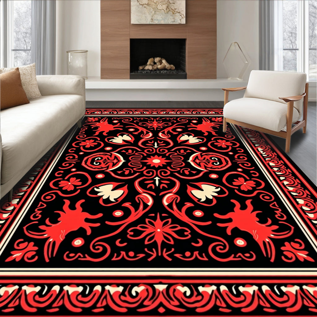 Vibrant Black Crimson Swirl Blossom Rug