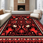 Vibrant Black Crimson Swirl Blossom Rug