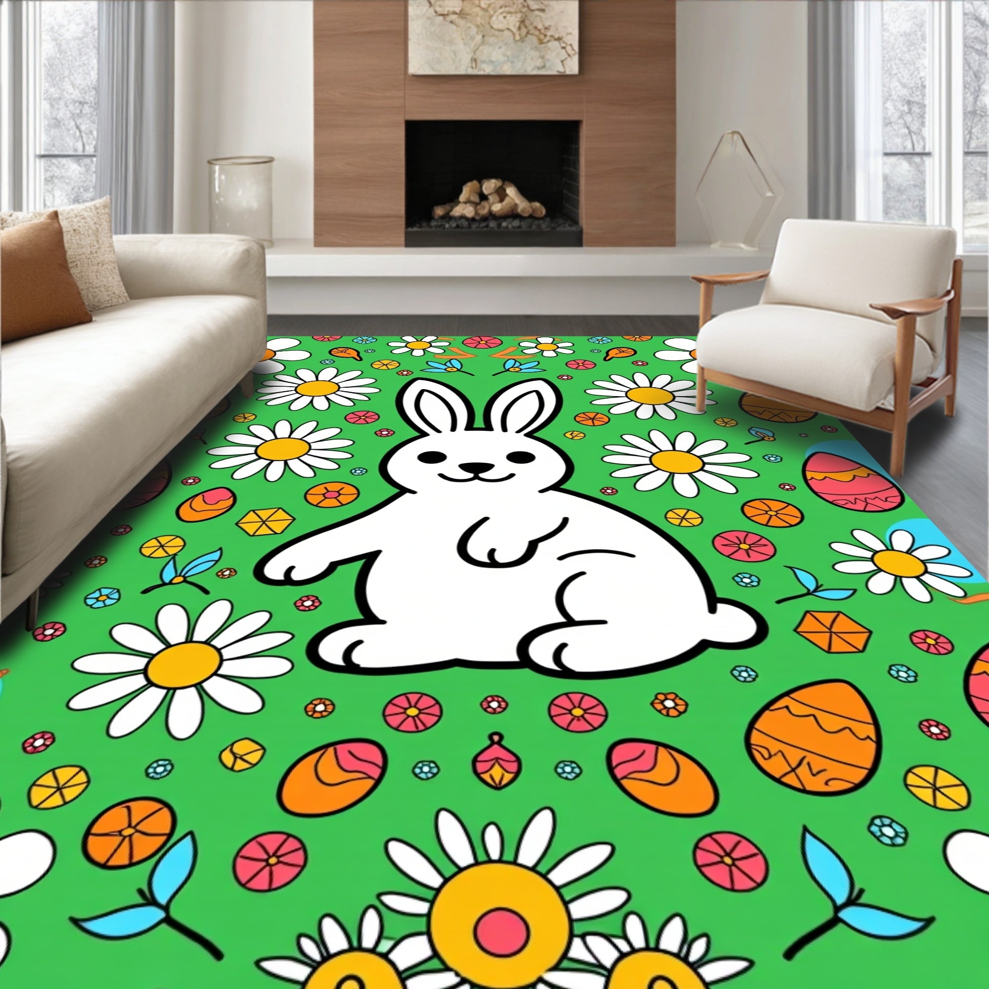 Whimsical White Bunny Garden Eggs Rug