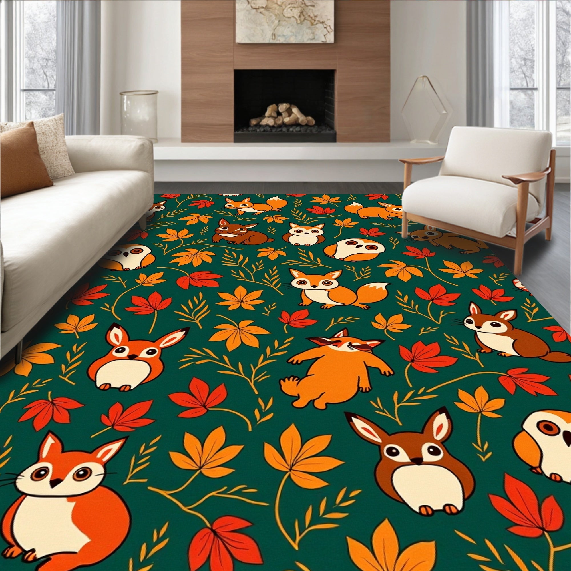 Cute Autumn Woodland Critters And Leaves Rug