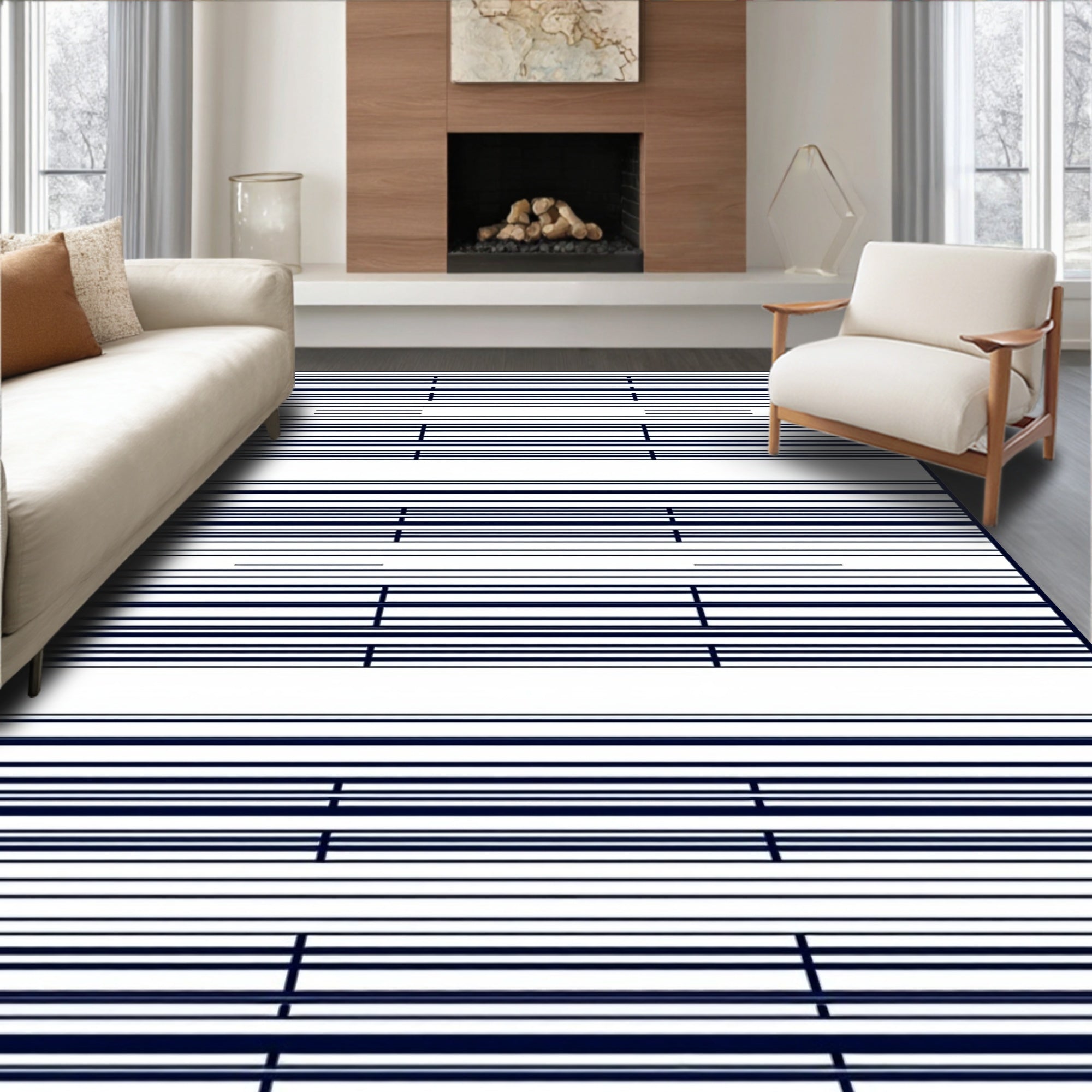 Dark Blue Thin Lined Rectangular Rug