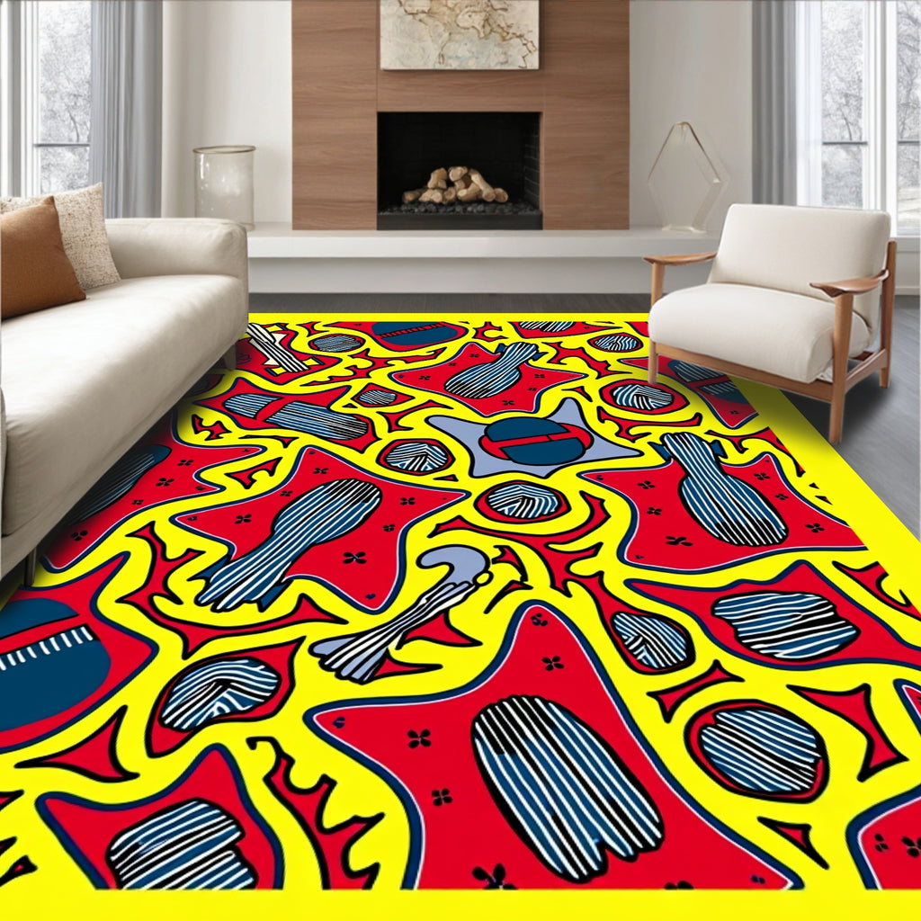 Bold Red Yellow Abstract Figure Collage Rug