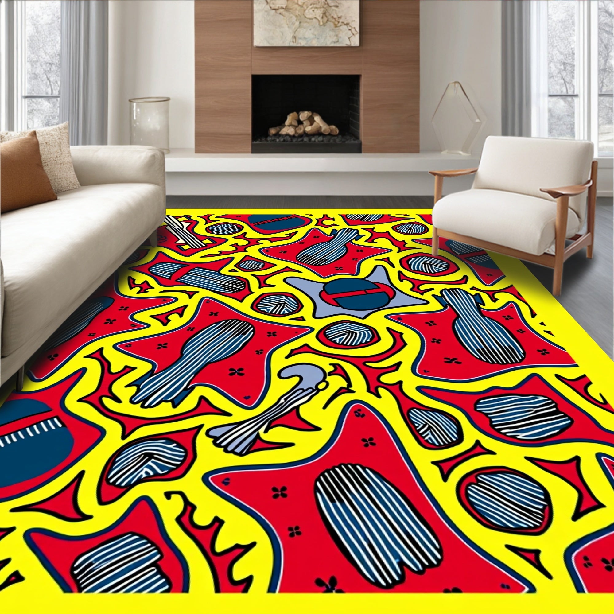 Bold Red Yellow Abstract Figure Collage Rug