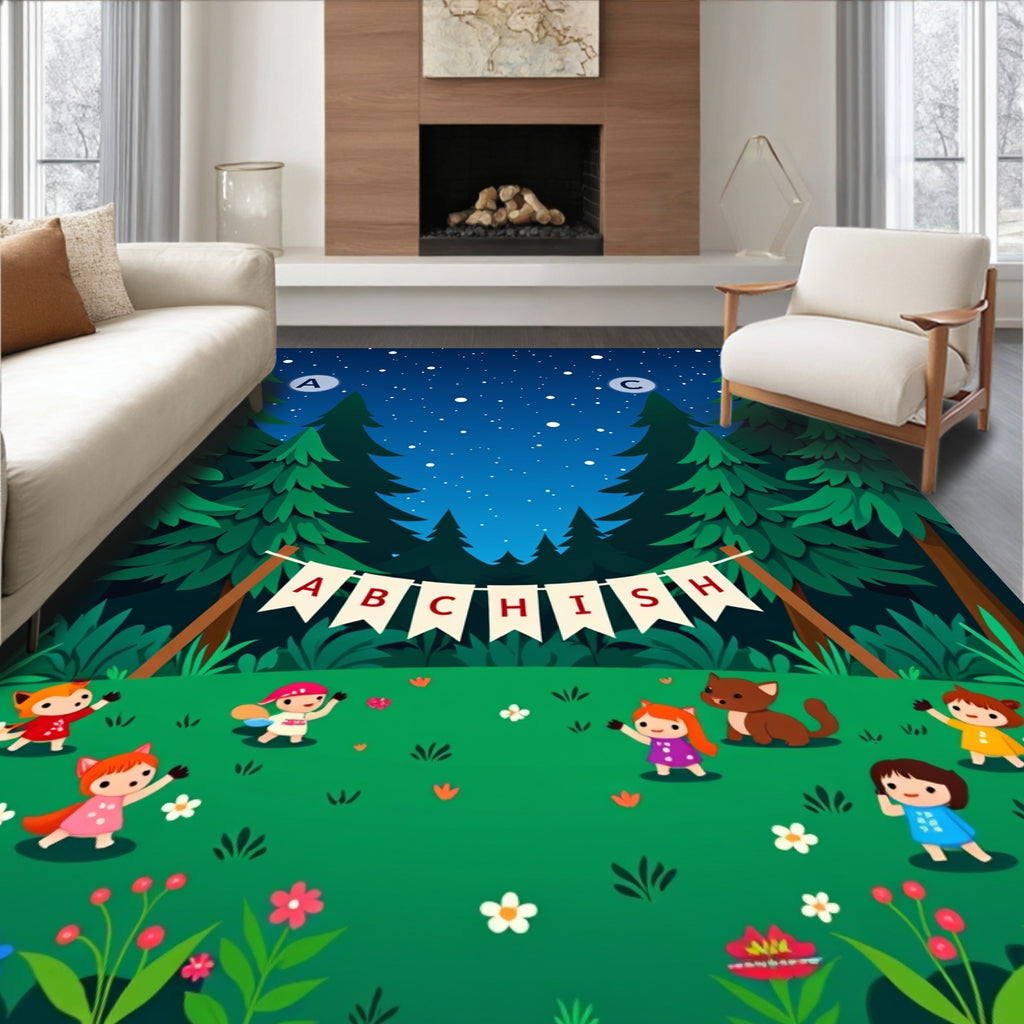 Whimsical Forest Children Starry Night Rug