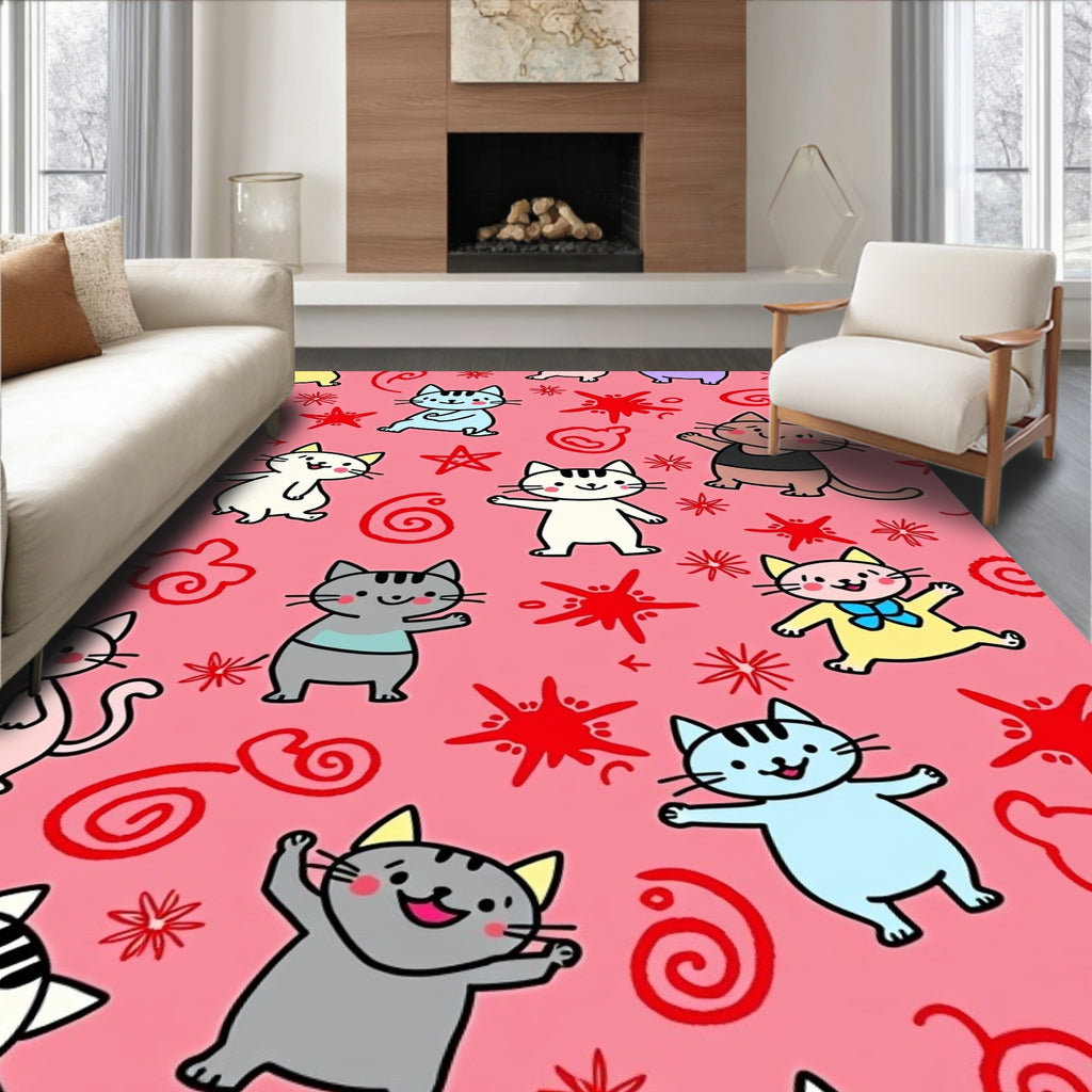 Cute Multicolor Cartoon Cats And Stars Rug