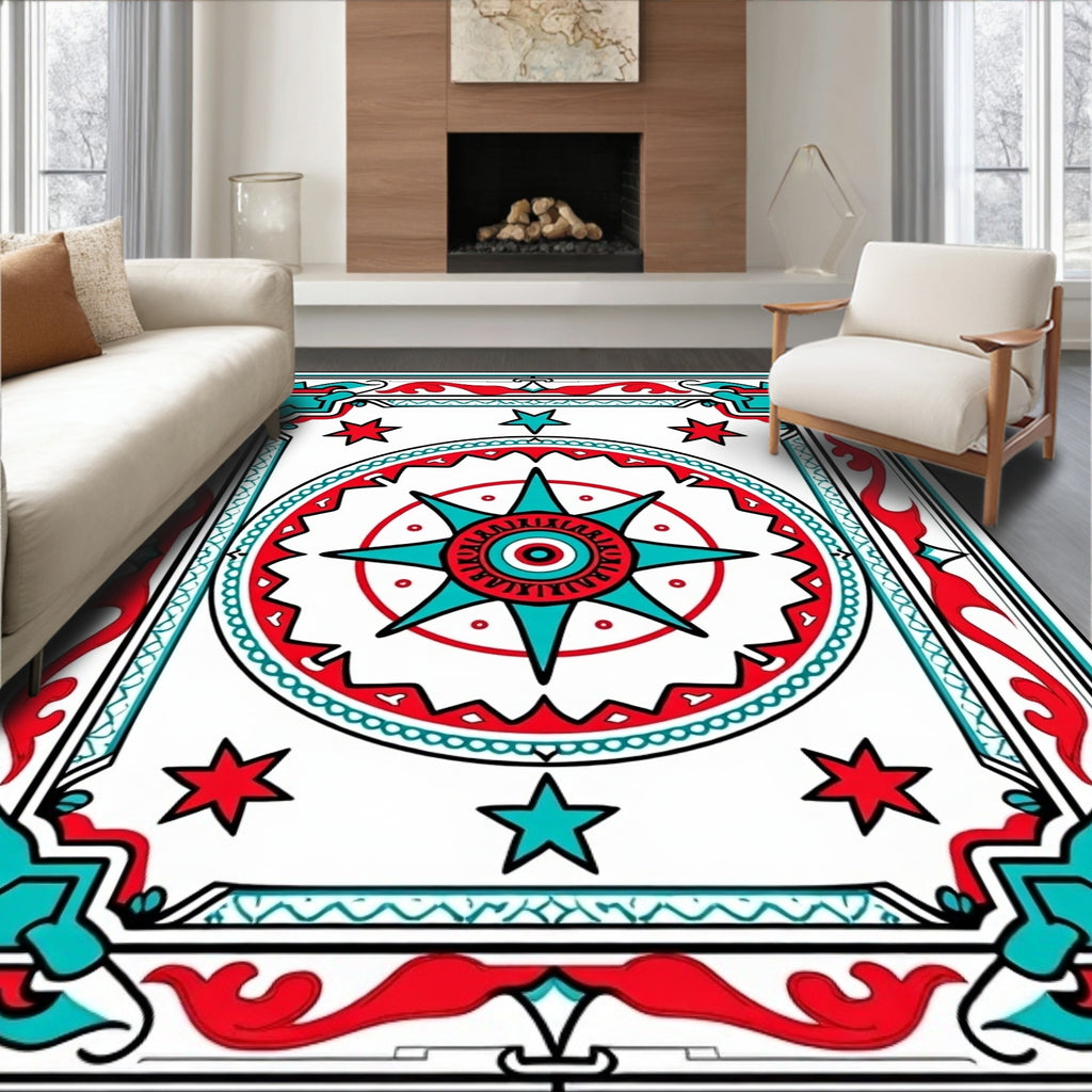 Red Turquoise Starburst Medallion Border Rug