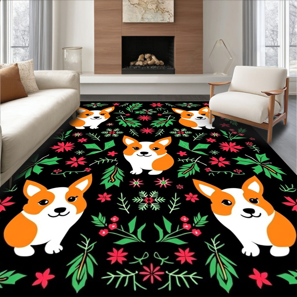 Whimsical Corgi Floral Garland Repeating Art Rug