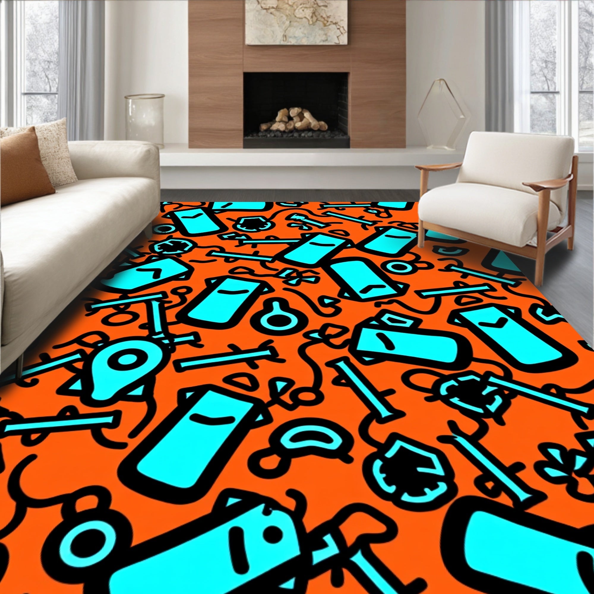 Neon Blue Abstract Shapes Orange Field Rug