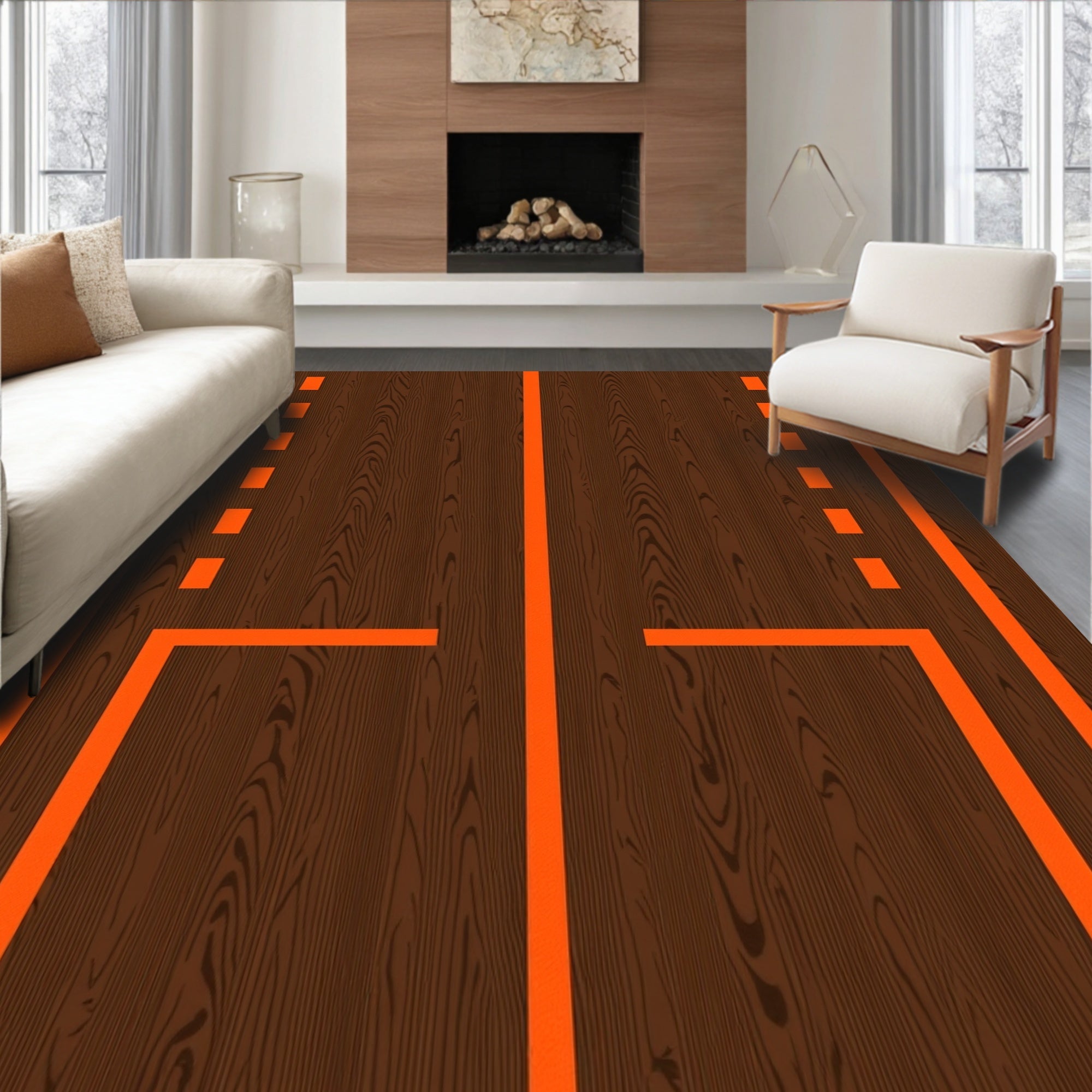 Dark Wood Orange Lined Geometric Rug