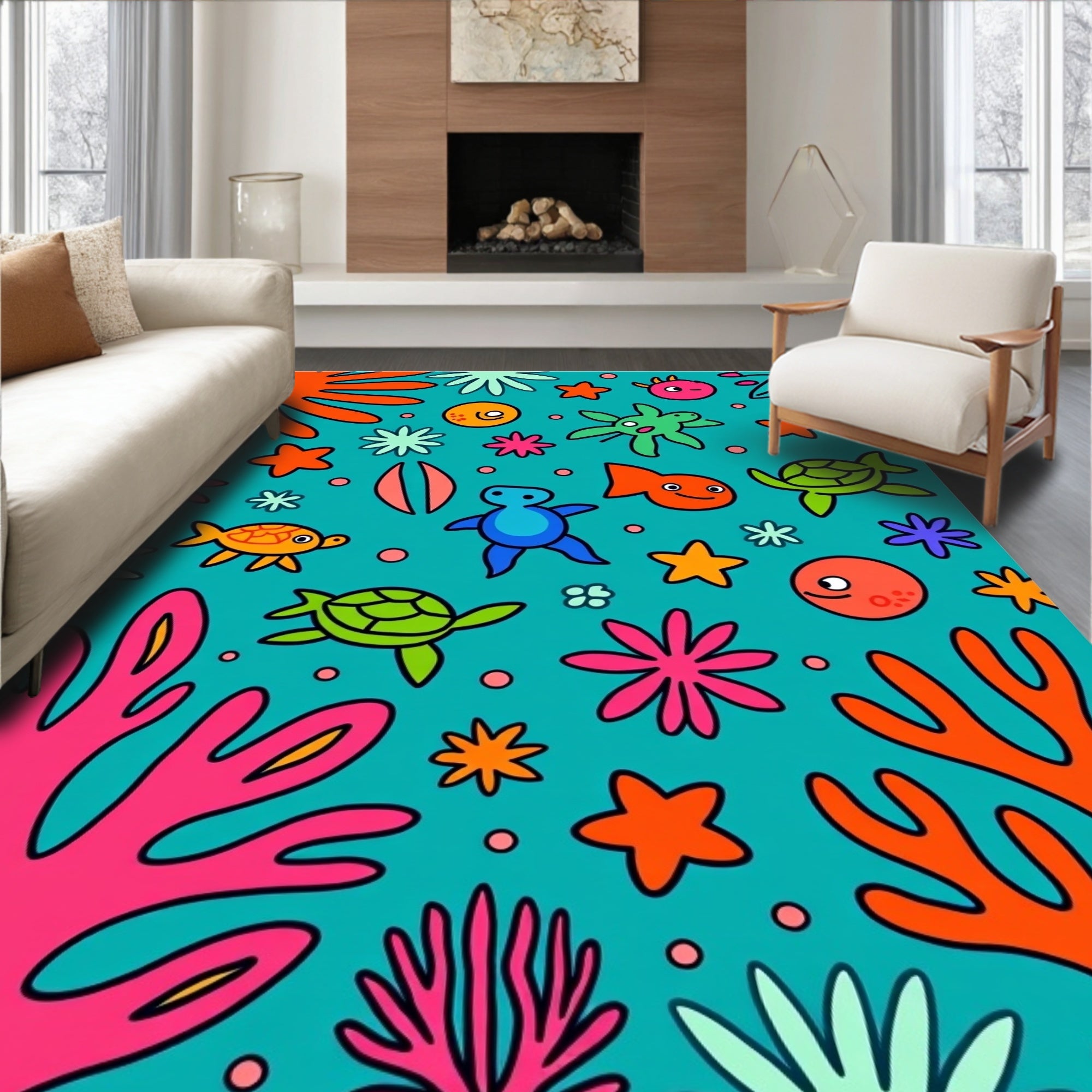 Playful Underwater Sea Creature Coral Collection Rug