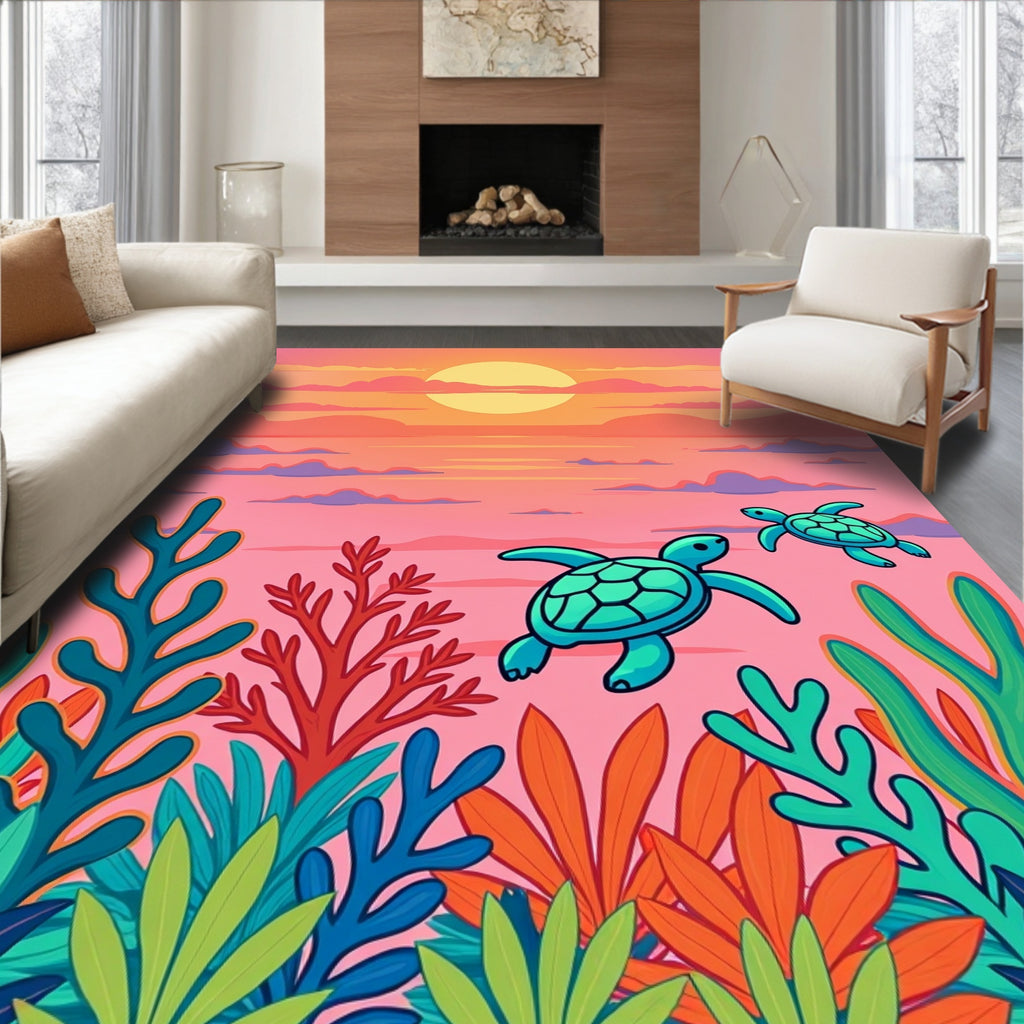 Sunset Sea Turtle Coral Reef Rug