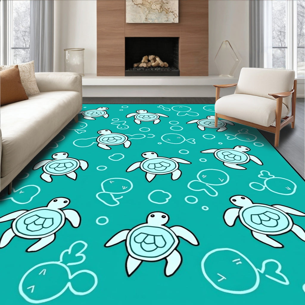 Teal Turtle Bubble Aquatic Life Rug