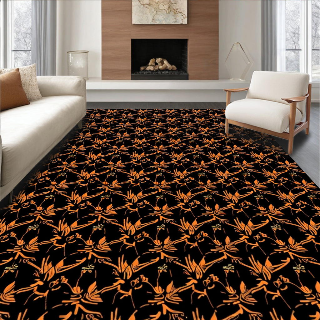 Orange Floral Scrollwork Black Backdrop Rug
