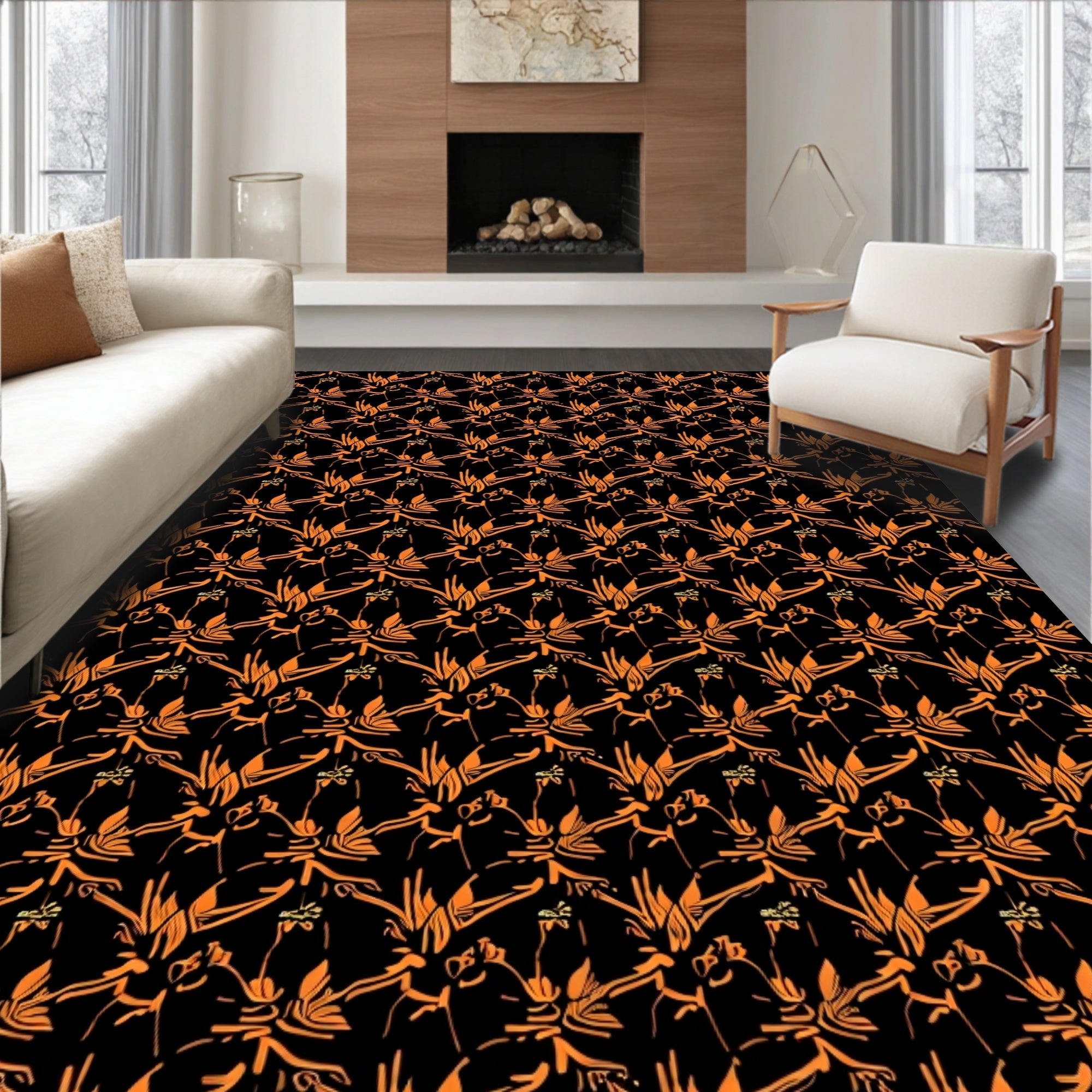 Orange Floral Scrollwork Black Backdrop Rug