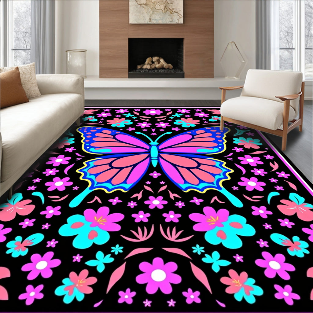 Vibrant Butterfly Floral Medallion Black Rug