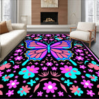 Vibrant Butterfly Floral Medallion Black Rug