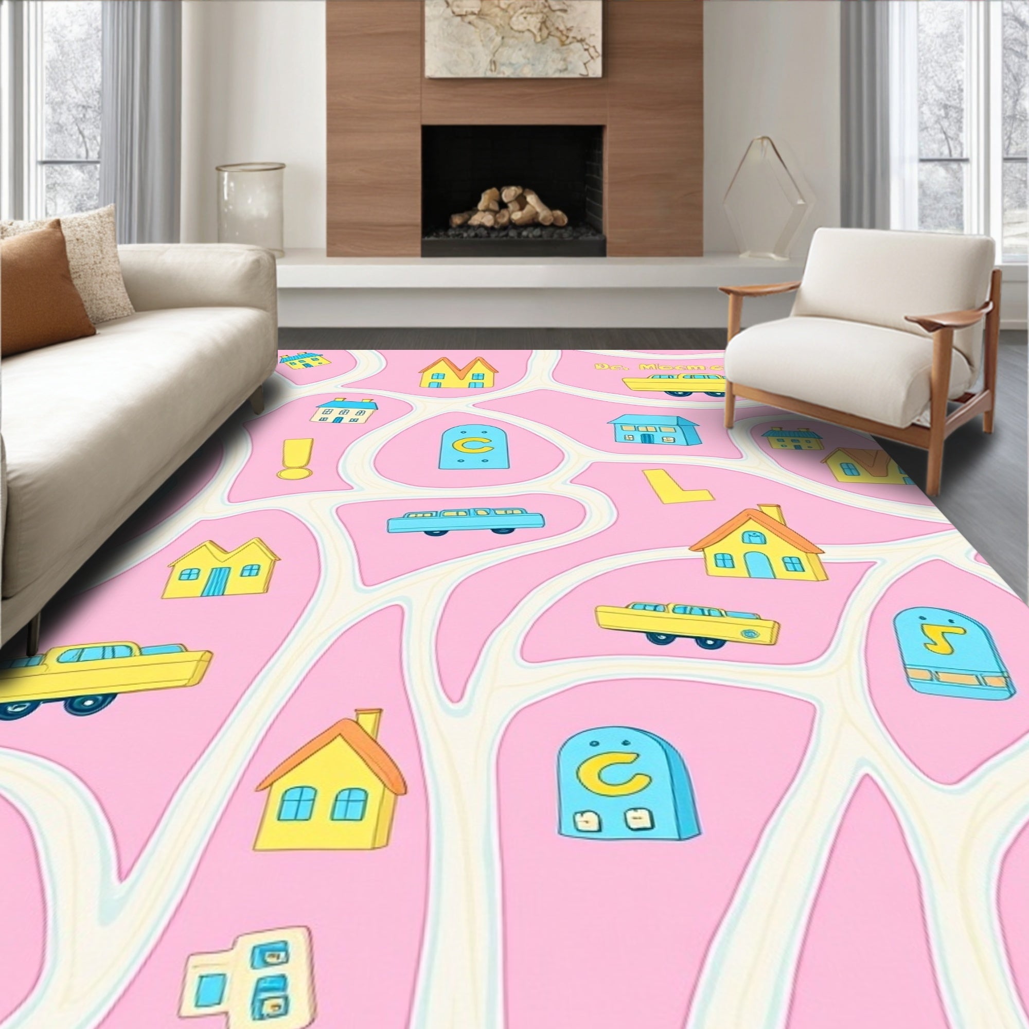 Whimsical Cityscape Houses And Cars Rug