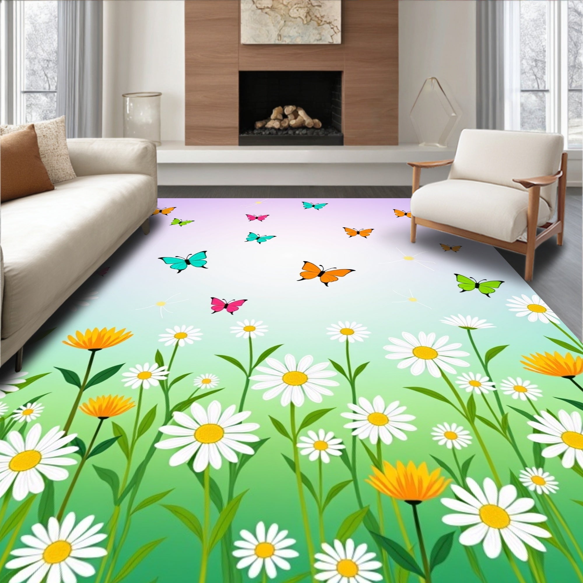 Whimsical Butterflies and Daisies Meadow Rug
