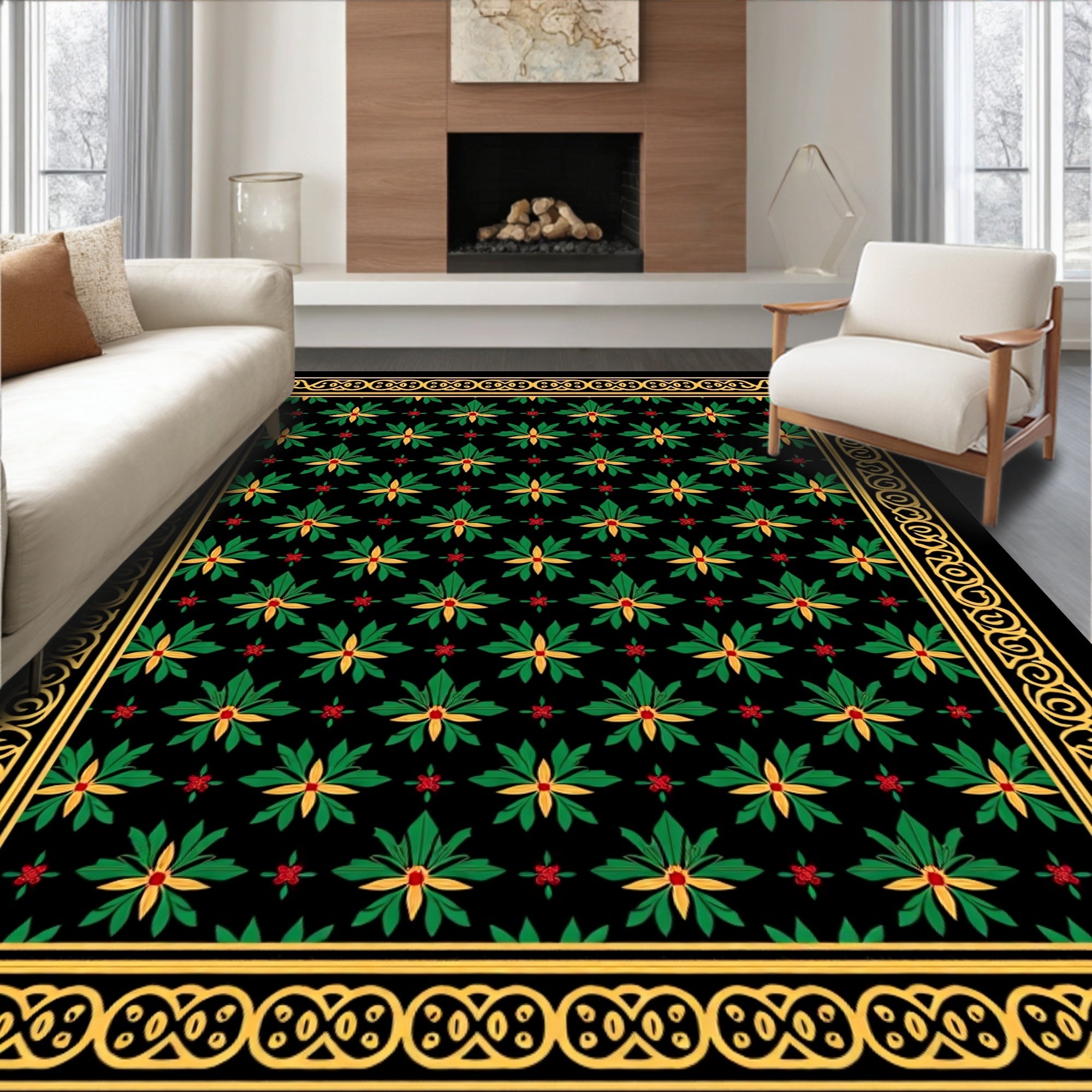 Rich Green Floral Medallion Bordered Rug