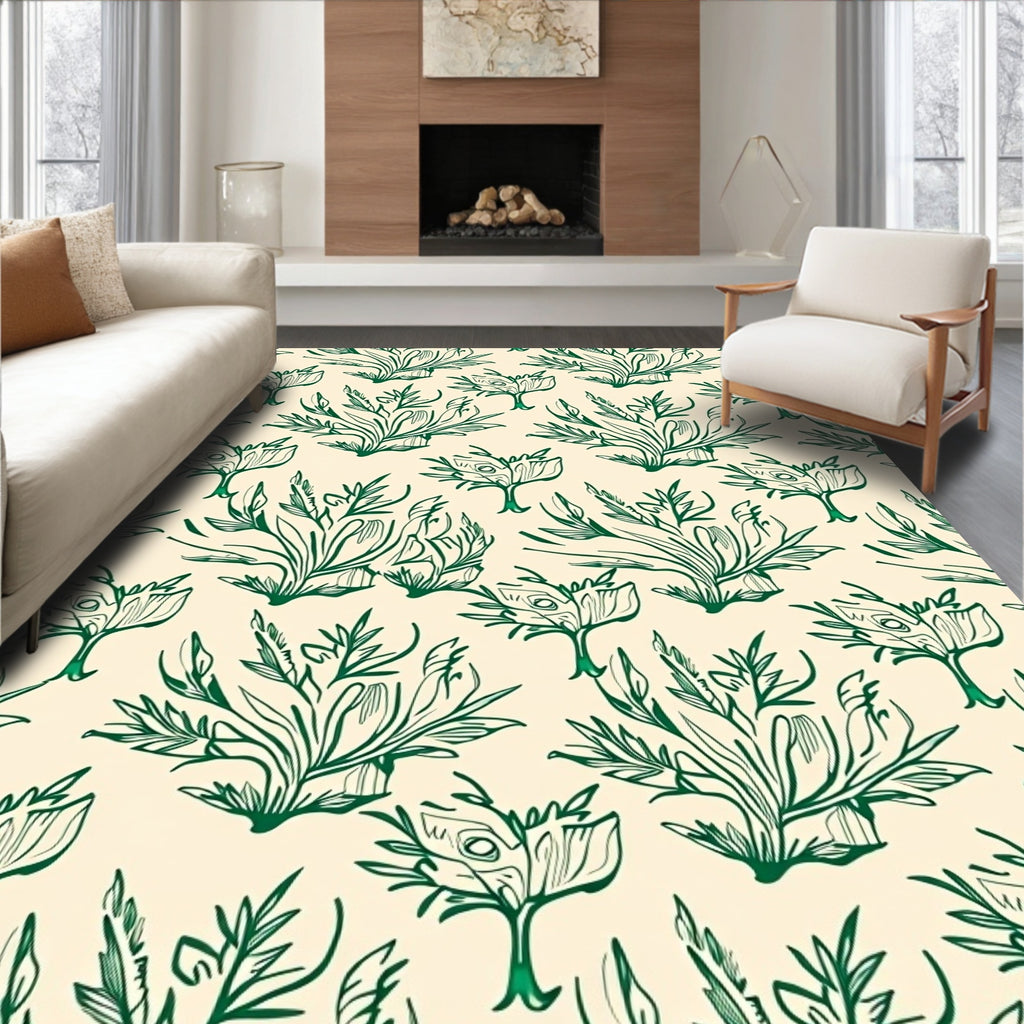 Green Botanical Sketch Foliage Rug