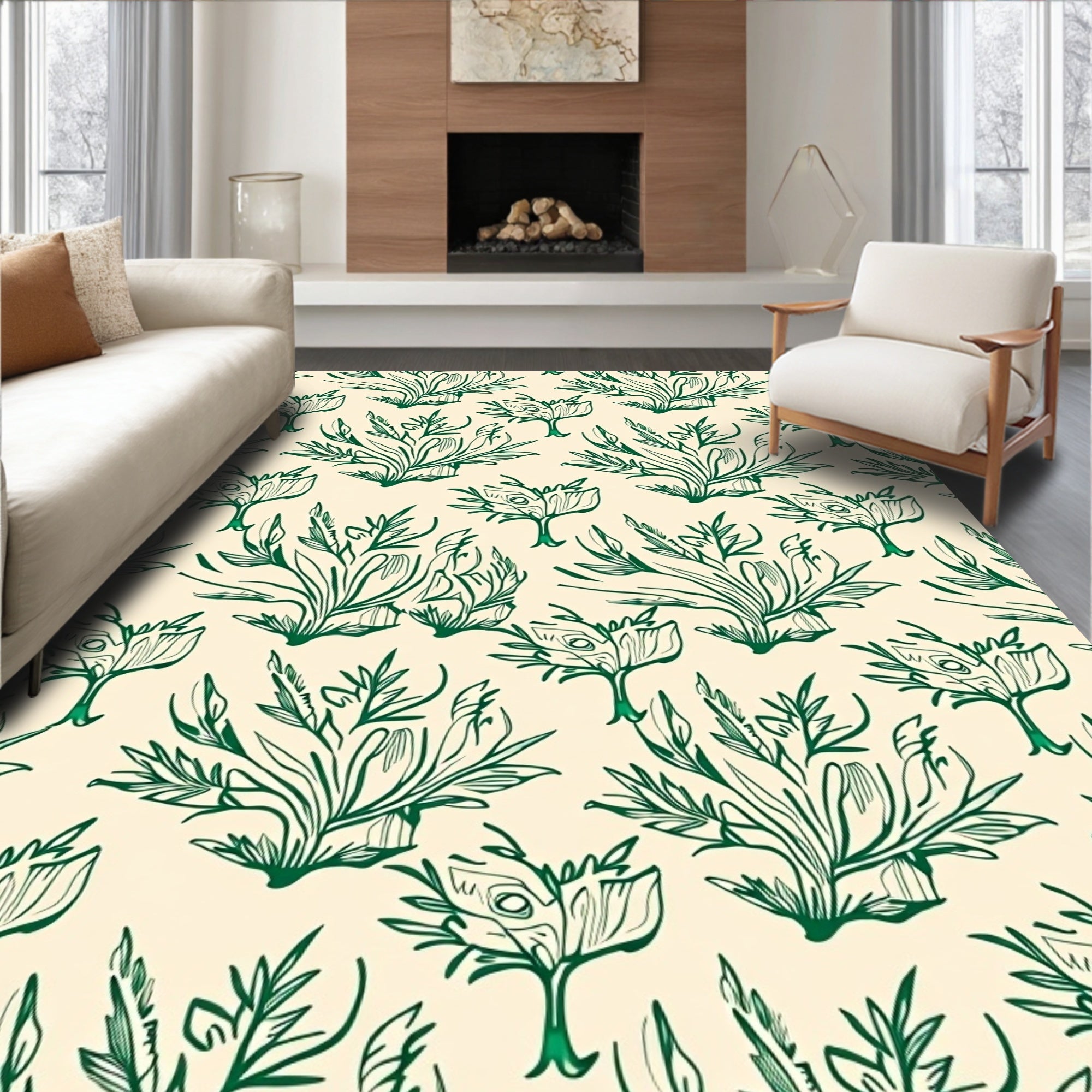Green Botanical Sketch Foliage Rug