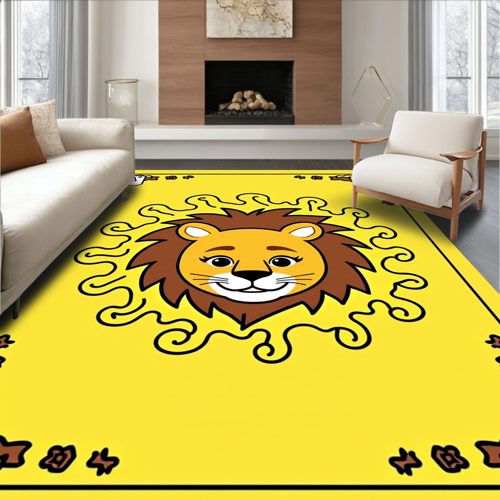 Golden Lion Face Swirls Border Rug