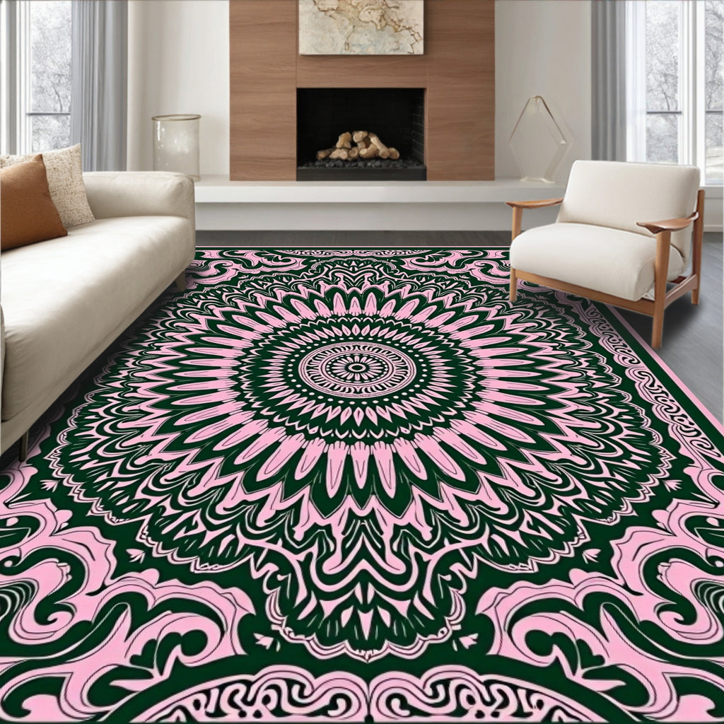 Pink and Forest Green Mandala Medallion Rug