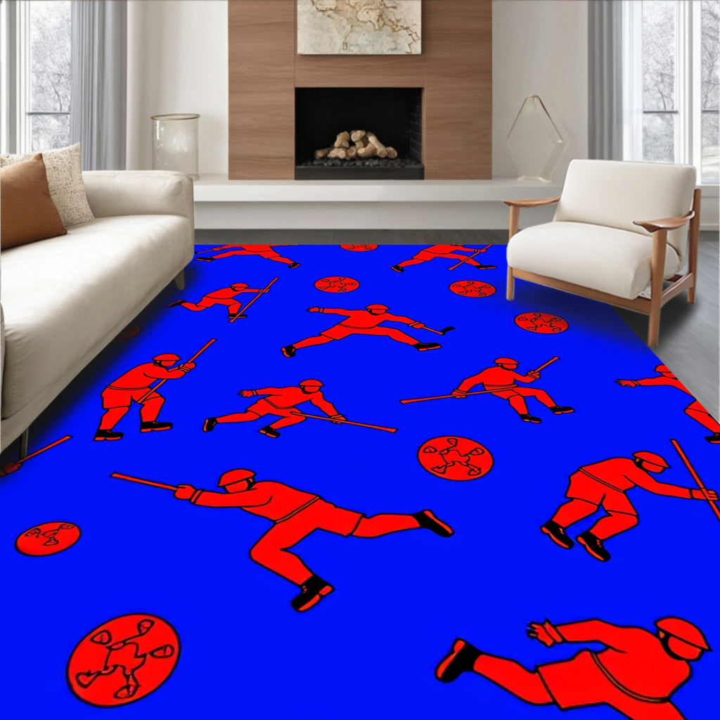 Red Hockey Players On Blue Background Rug