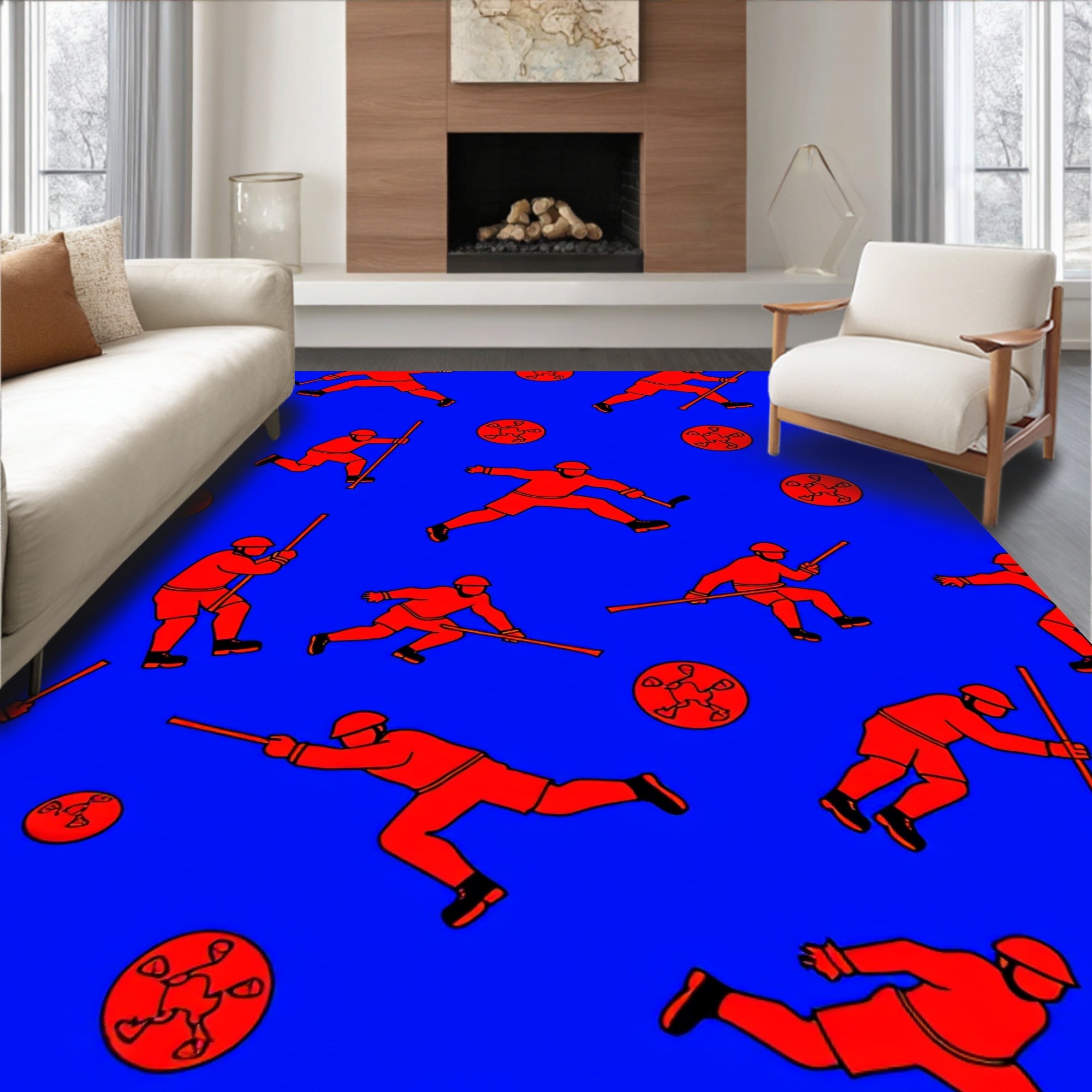 Red Hockey Players On Blue Background Rug