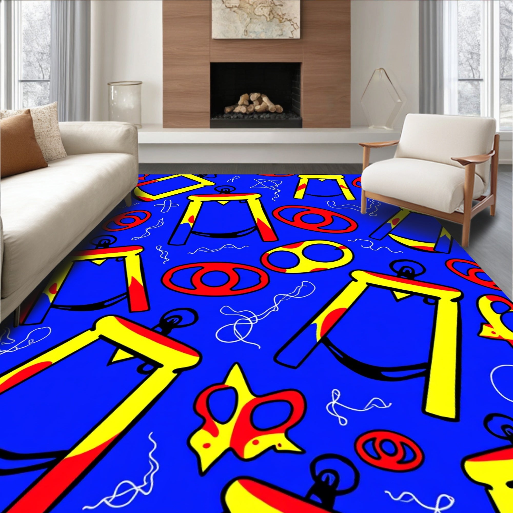 Primary Blue Yellow Red Abstract Shapes Rug