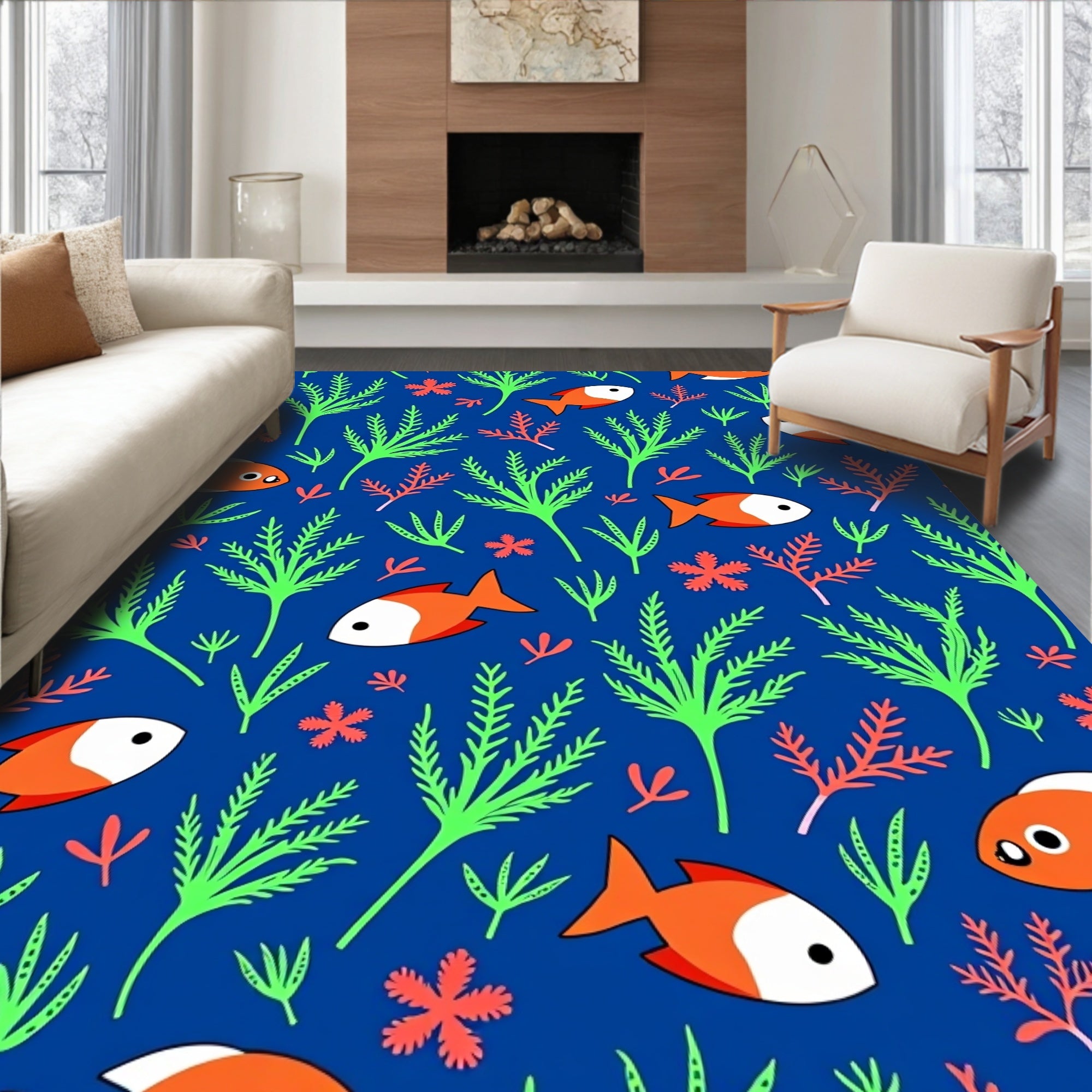 Playful Orange Fish Coral Reef Rug