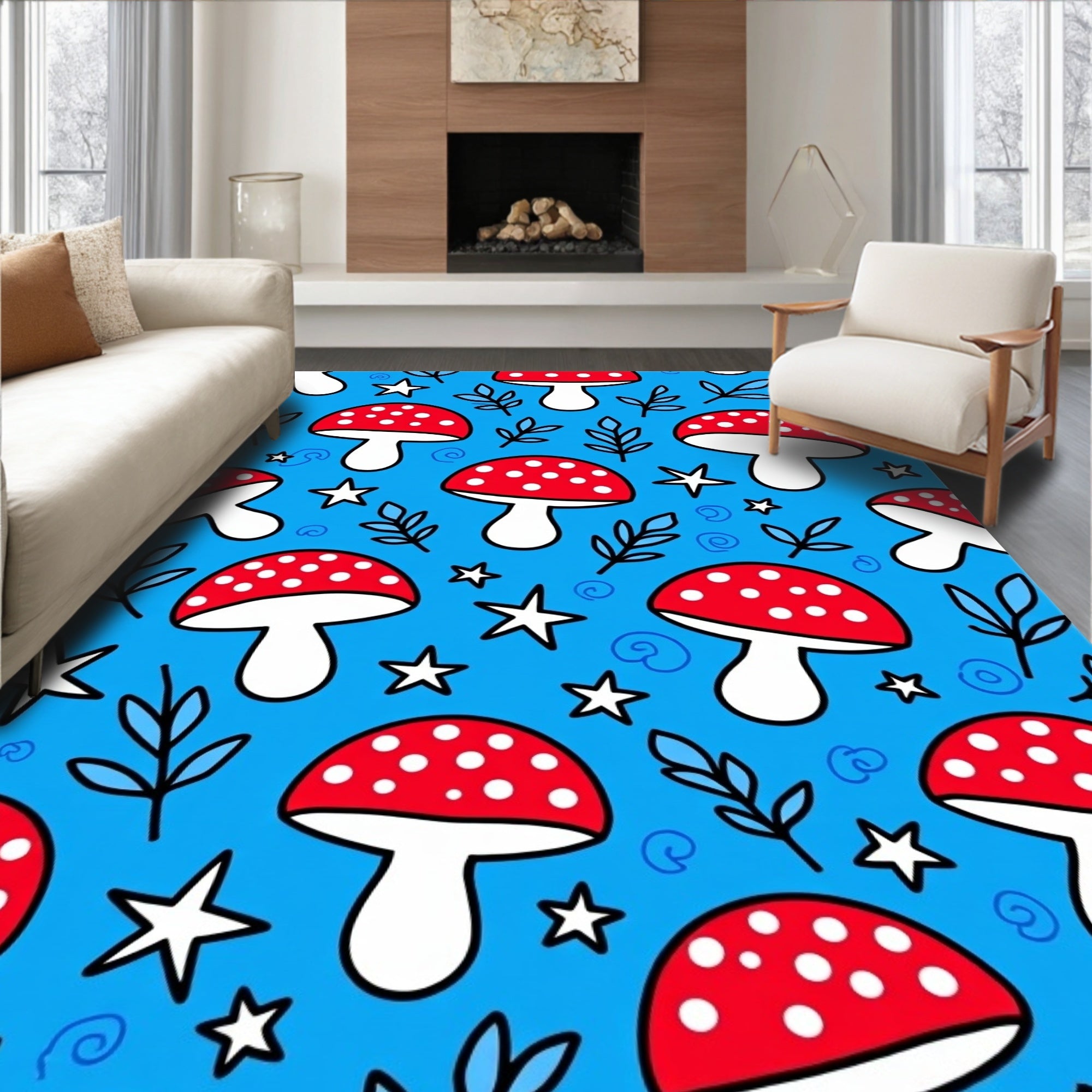 Red White Mushroom Stars Blue Whimsical Foliage Rug