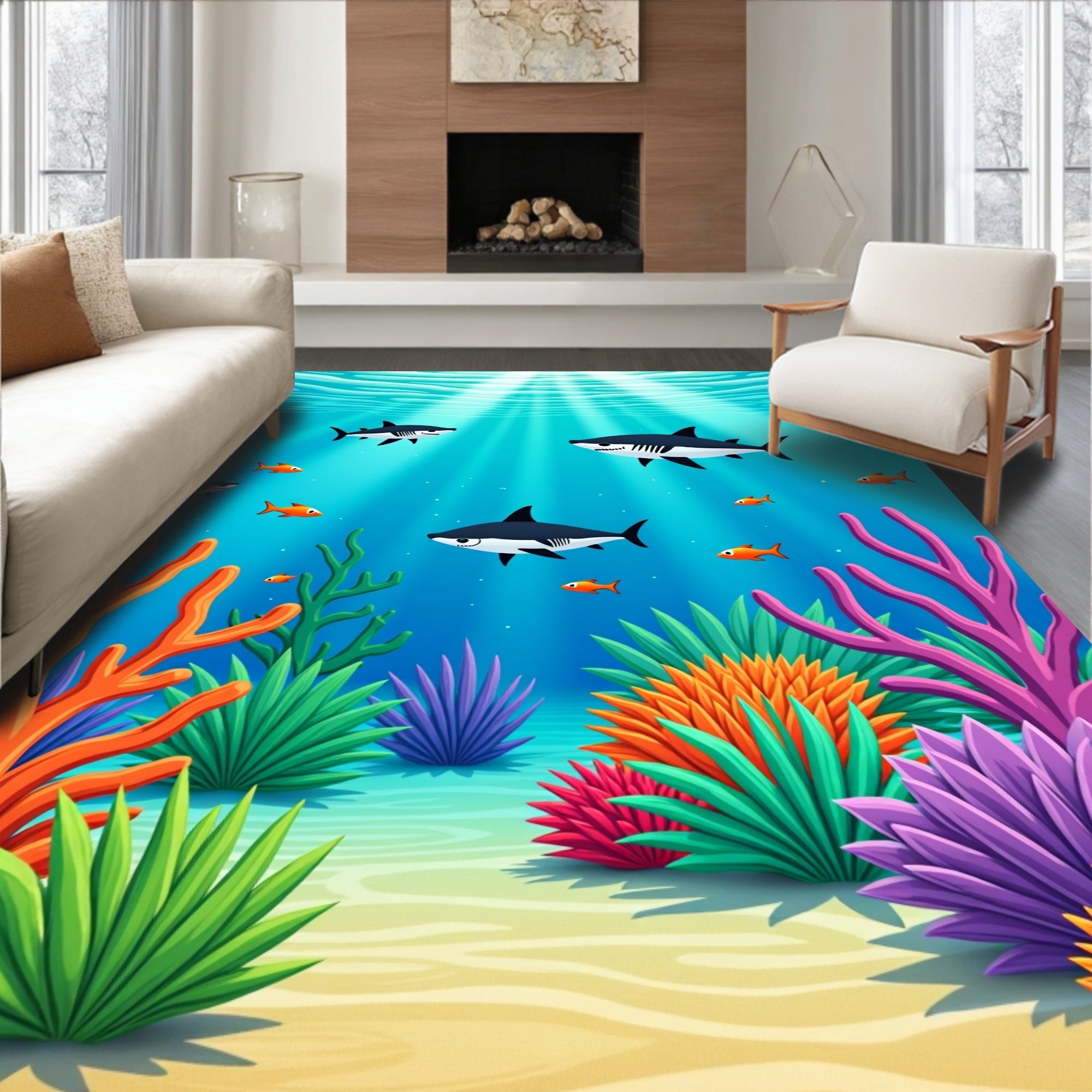 Oceanic Sharks Coral Reef Scene Rug