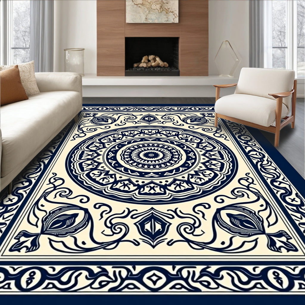 Navy Cream Floral Medallion Intricate Rug