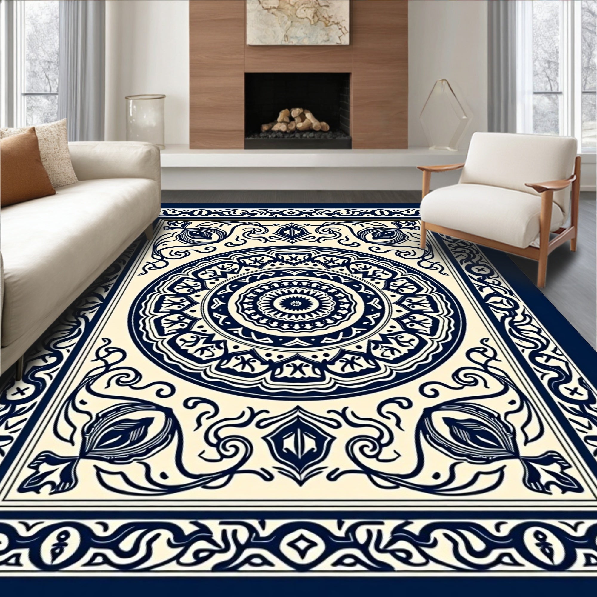 Navy Cream Floral Medallion Intricate Rug