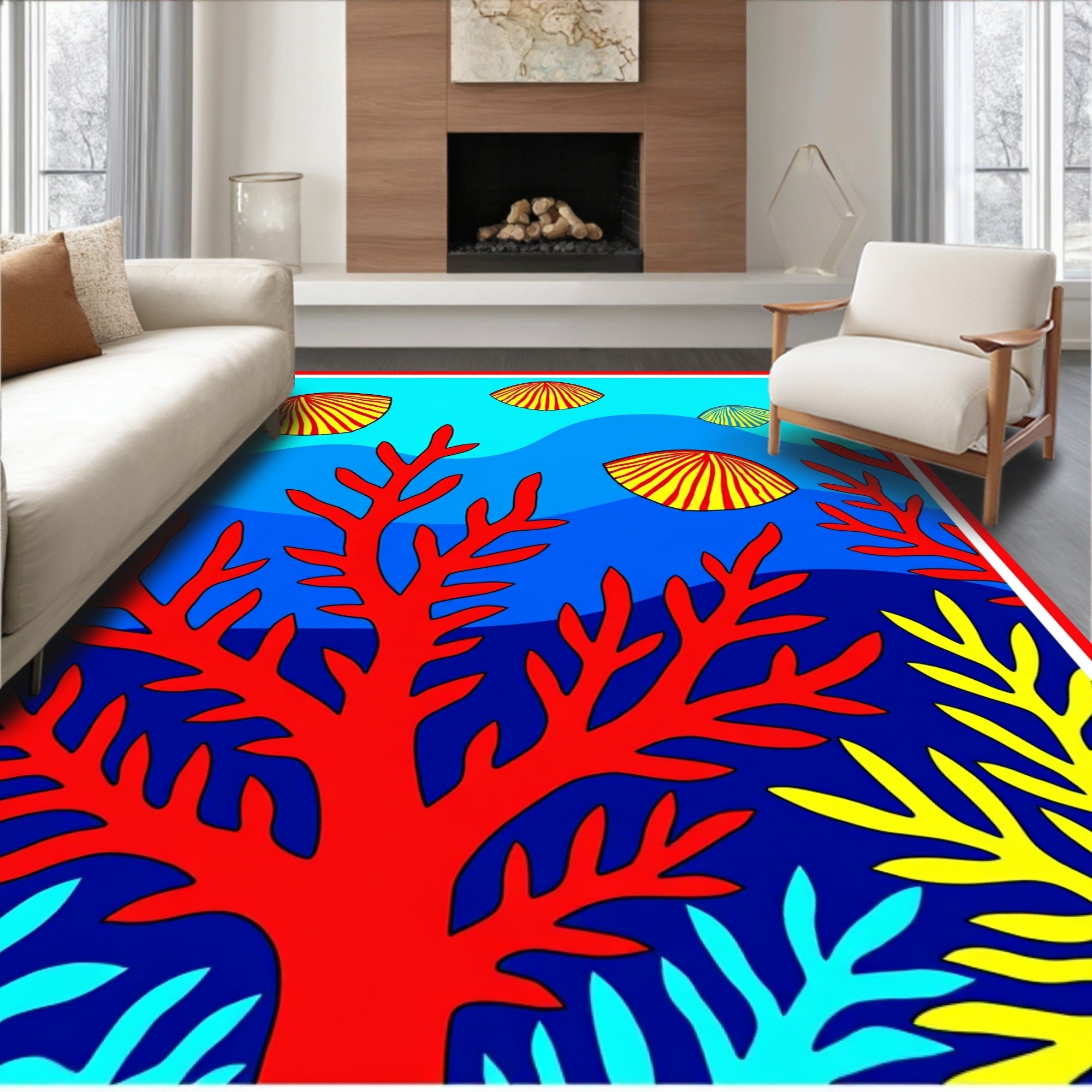 Vibrant Blue Coral Shell Abstraction Rug