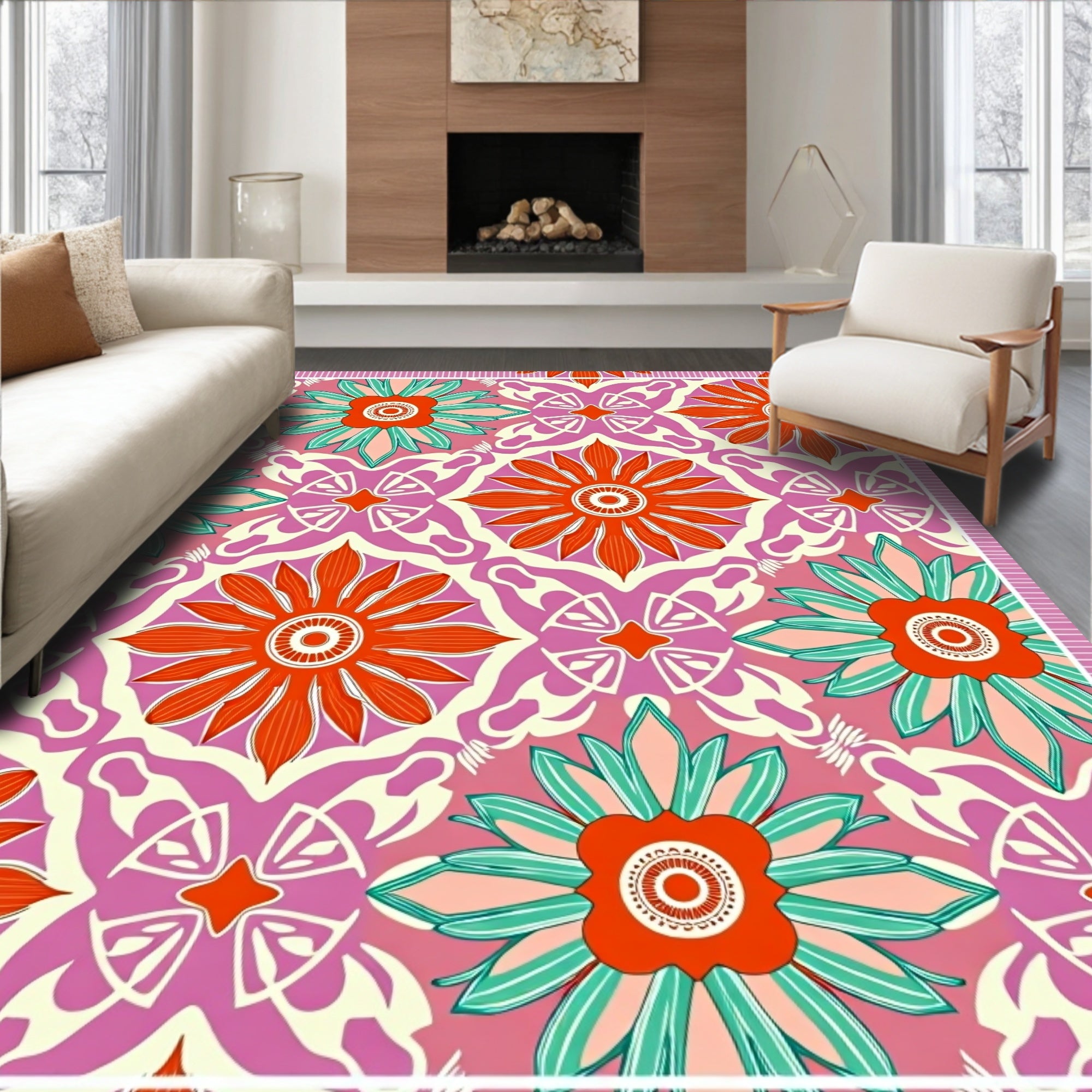 Vibrant Fuchsia Orange Floral Mandala Rug