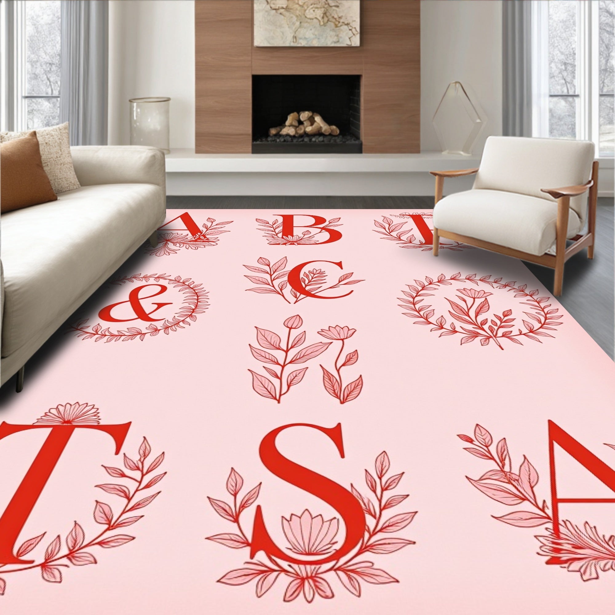 Red Botanical Monogram Alphabet Collection Rug